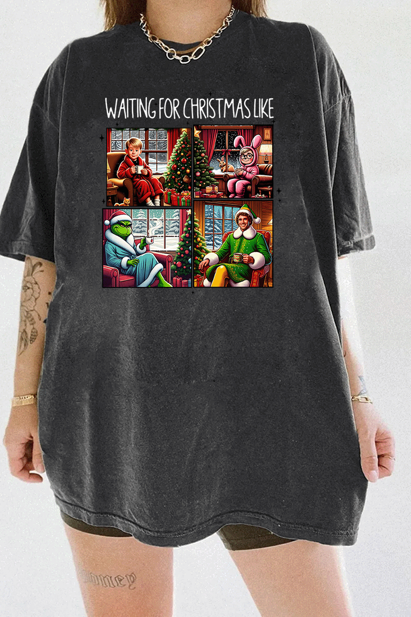 Ragglo dark gray tee featuring four classic Christmas movie characters waiting by decorated trees with 'WAITING FOR CHRISTMAS LIKE' text, perfect for festive holiday streetwear and movie fans.

