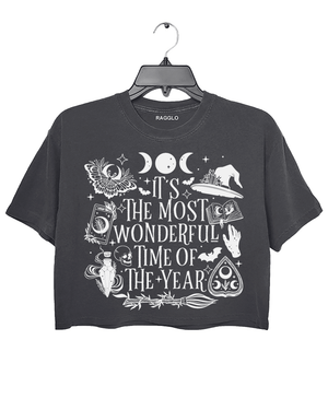 Ragglo dark gray crop top featuring witchy elements like moons, bats, a witch hat, spellbook, and potion bottle, with 'IT’S THE MOST WONDERFUL TIME OF THE YEAR' text, perfect for magical Halloween streetwear.

