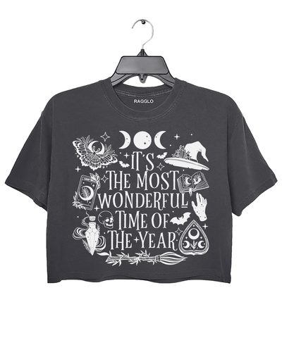 Ragglo dark gray crop top featuring witchy elements like moons, bats, a witch hat, spellbook, and potion bottle, with 'IT’S THE MOST WONDERFUL TIME OF THE YEAR' text, perfect for magical Halloween streetwear.

