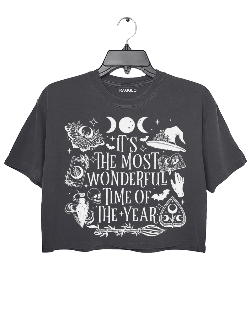 Ragglo dark gray crop top featuring witchy elements like moons, bats, a witch hat, spellbook, and potion bottle, with 'IT’S THE MOST WONDERFUL TIME OF THE YEAR' text, perfect for magical Halloween streetwear.

