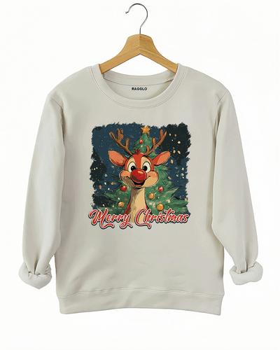 Cute holiday graphic with a reindeer and Christmas tree, and the text 'Merry Christmas' on a beige sweatshirt, available on Ragglo.