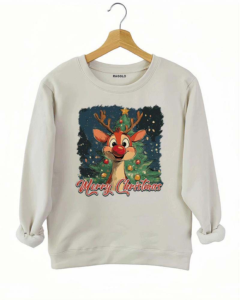 Cute holiday graphic with a reindeer and Christmas tree, and the text 'Merry Christmas' on a beige sweatshirt, available on Ragglo.