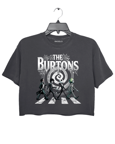 Ragglo gray cropped top with The Burtons design, depicting characters like Beetlejuice, Edward Scissorhands, and Jack Skellington crossing the road in a playful homage to classic cinema.