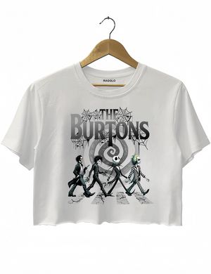 Ragglo white cropped top with The Burtons graphic, featuring four iconic Tim Burton characters crossing a cracked street in a tribute to the Abbey Road album cover.