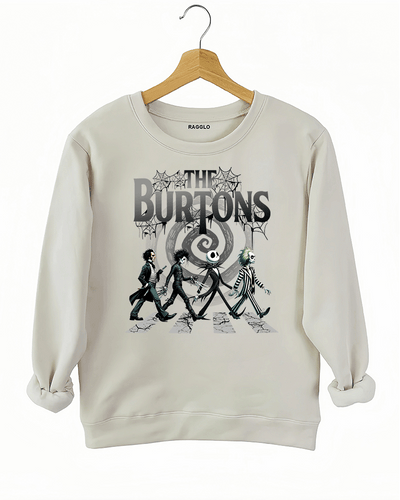 Ragglo beige sweatshirt with The Burtons design, showcasing a group of iconic Tim Burton movie characters crossing a street, perfect for movie and pop culture fans.